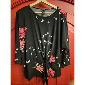 Clara Sun Woo Medium Black Floral Side Gather Blouse Cherry Blossoms Black EUC